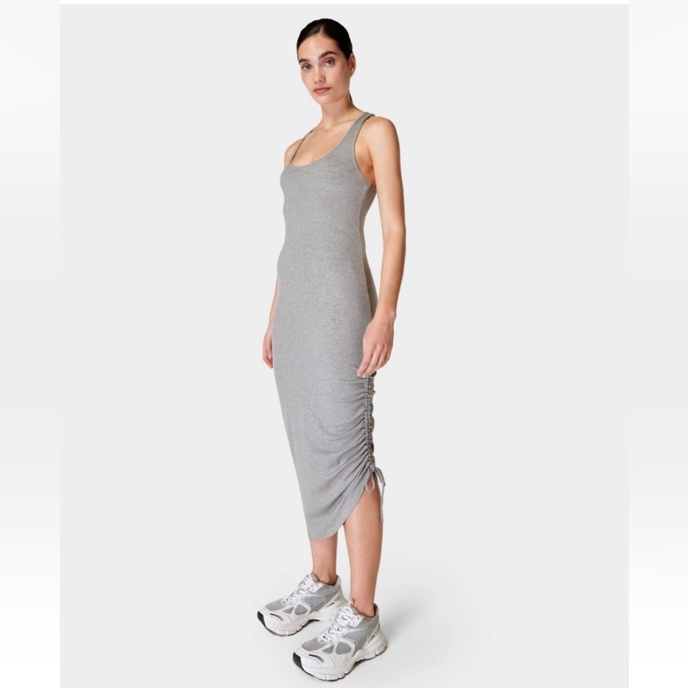 SWEATY BETTY Weekend Drawstring-Side Twist-Back Stretch-Woven Midi Dress Small